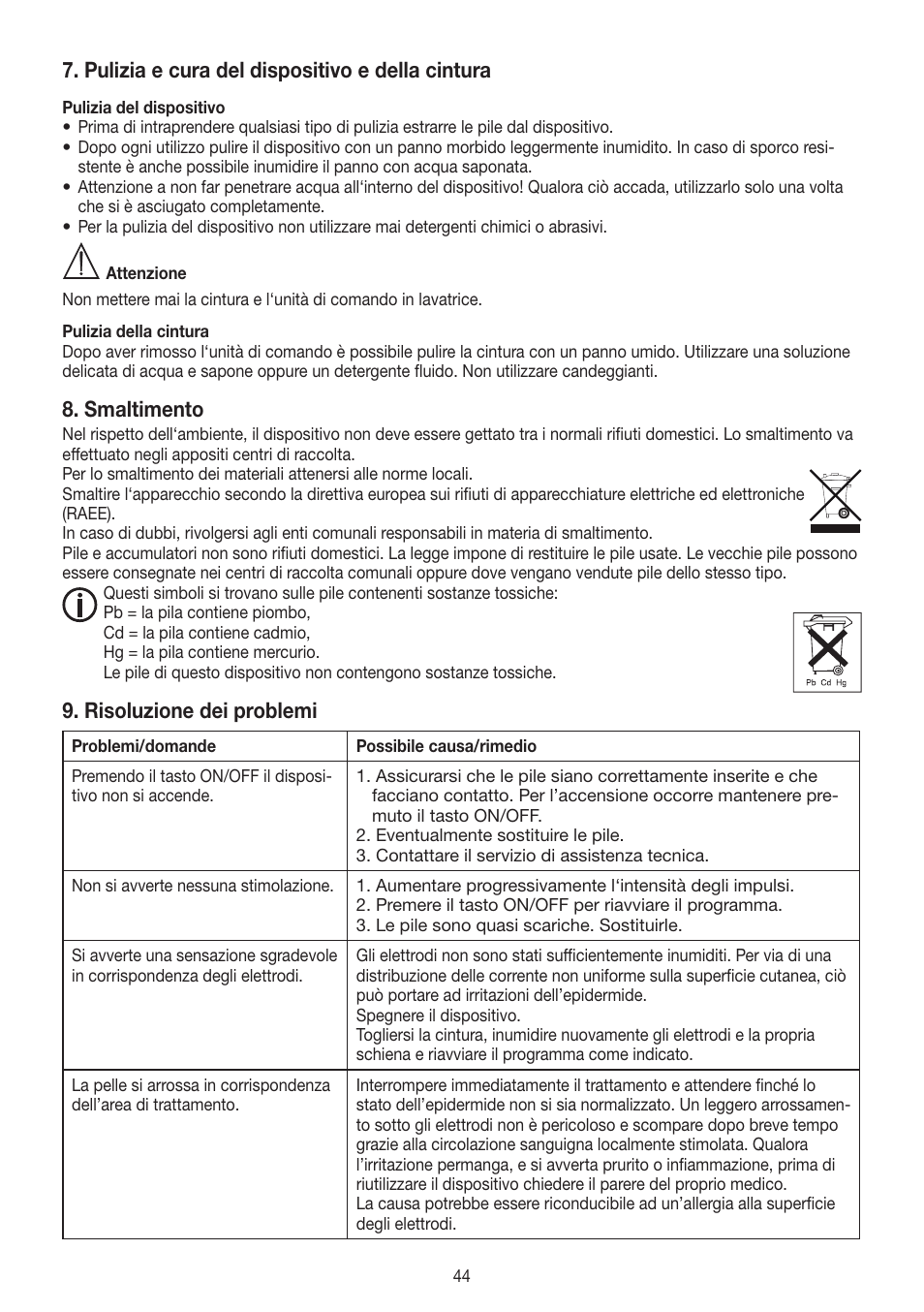 Pulizia e cura del dispositivo e della cintura, Smaltimento, Risoluzione dei problemi | Beurer EM 38 User Manual | Page 44 / 74