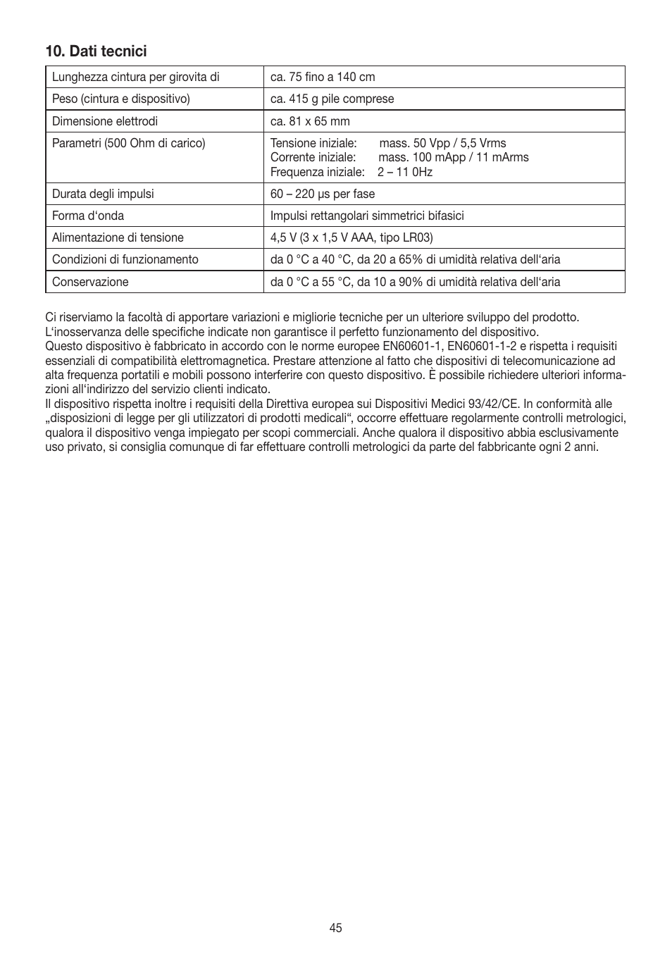 Dati tecnici | Beurer EM 38 User Manual | Page 45 / 74