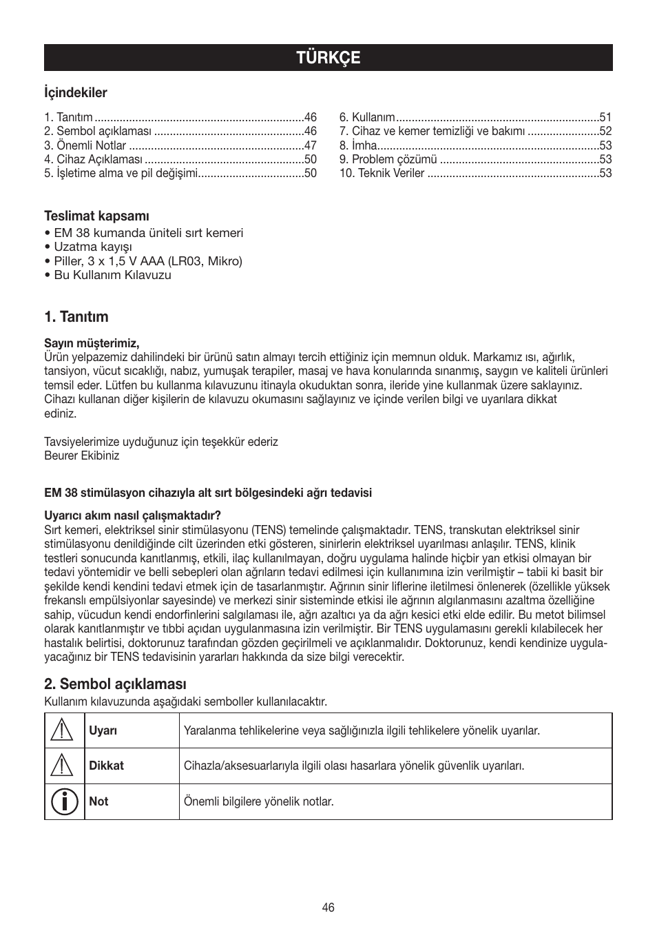 Türkçe, Tanıtım, Sembol açıklaması | Beurer EM 38 User Manual | Page 46 / 74