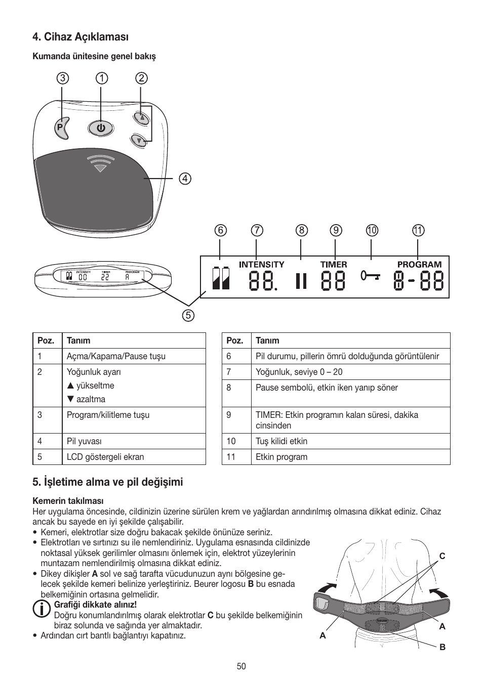 Cihaz açıklaması, Işletime alma ve pil değişimi | Beurer EM 38 User Manual | Page 50 / 74