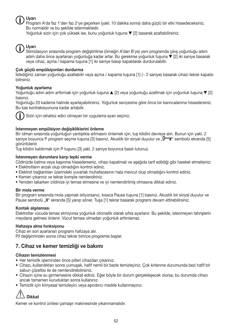 Cihaz ve kemer temizliği ve bakımı | Beurer EM 38 User Manual | Page 52 / 74
