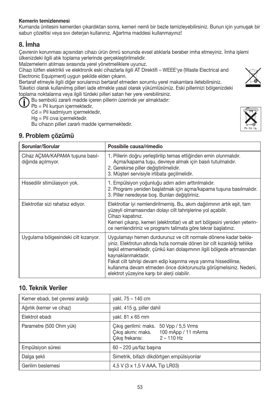 Imha, Problem çözümü, Teknik veriler | Beurer EM 38 User Manual | Page 53 / 74