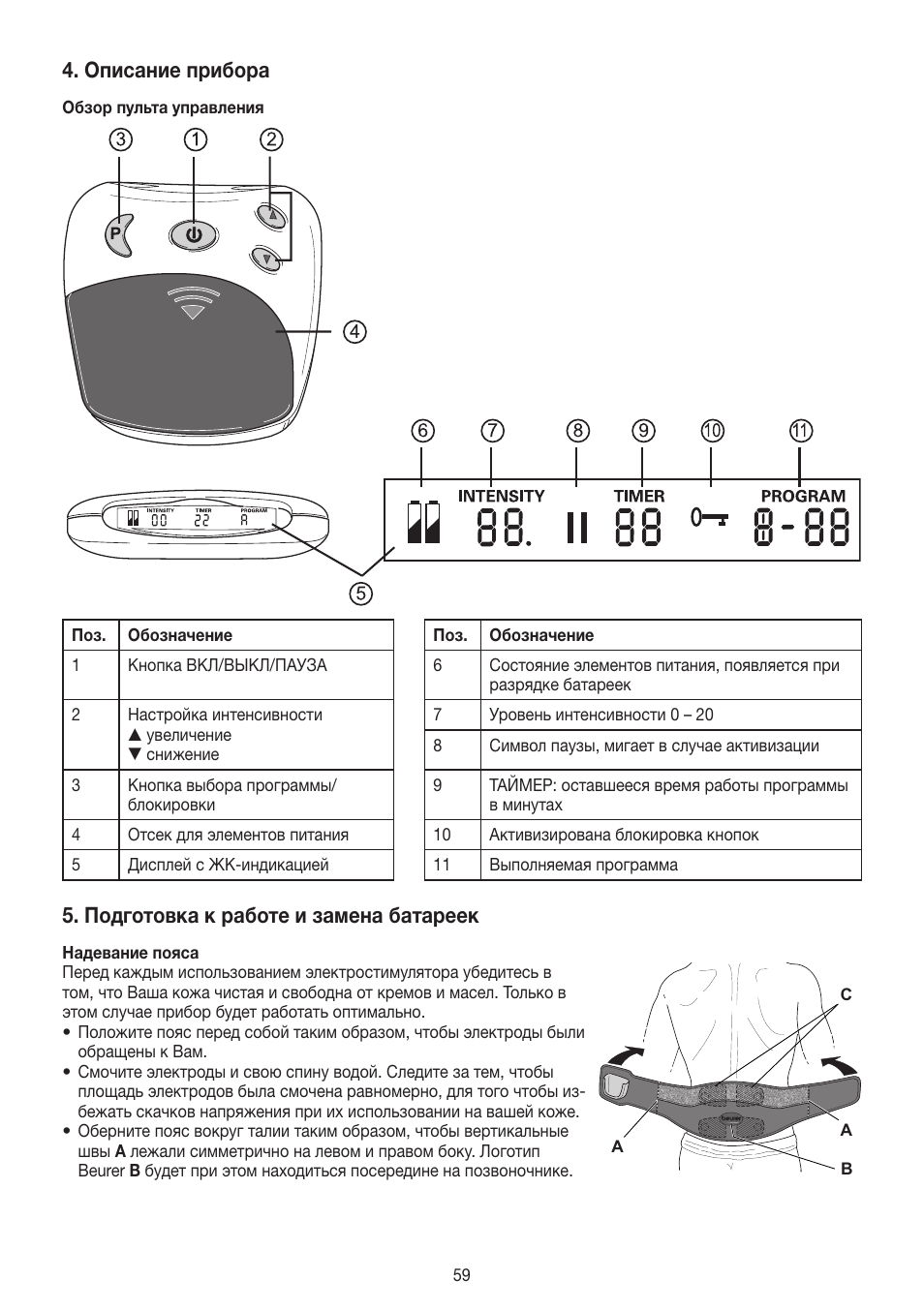 Описание прибора, Подготовка к работе и замена батареек | Beurer EM 38 User Manual | Page 59 / 74