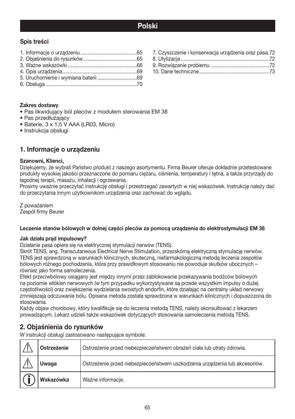 Polski, Informacje o urządzeniu, Objaśnienia do rysunków | Beurer EM 38 User Manual | Page 65 / 74