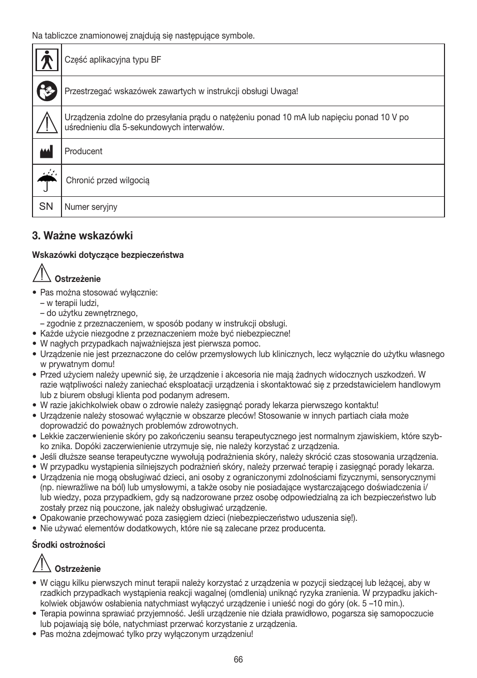 Ważne wskazówki | Beurer EM 38 User Manual | Page 66 / 74