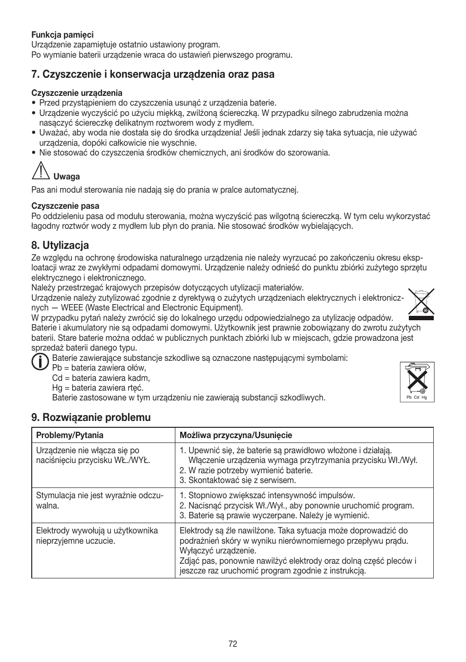 Czyszczenie i konserwacja urządzenia oraz pasa, Utylizacja, Rozwiązanie problemu | Beurer EM 38 User Manual | Page 72 / 74