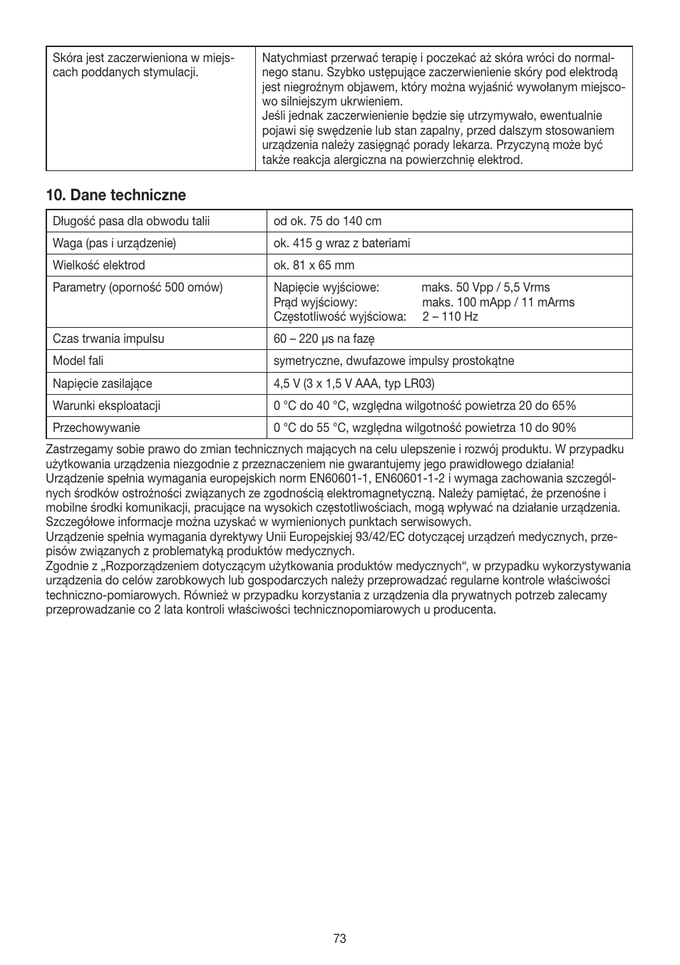 Dane techniczne | Beurer EM 38 User Manual | Page 73 / 74