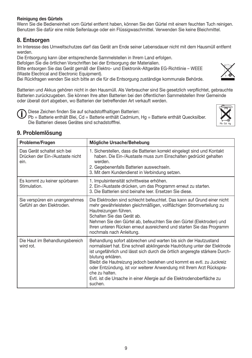 Entsorgen, Problemlösung | Beurer EM 38 User Manual | Page 9 / 74