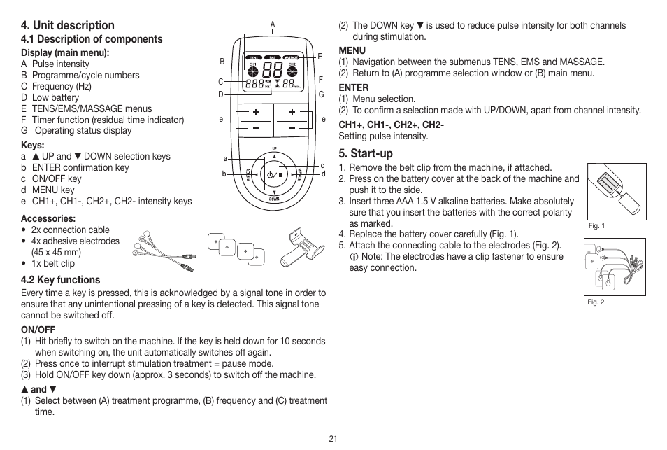 Unit description, Start-up | Beurer EM 41 User Manual | Page 21 / 112