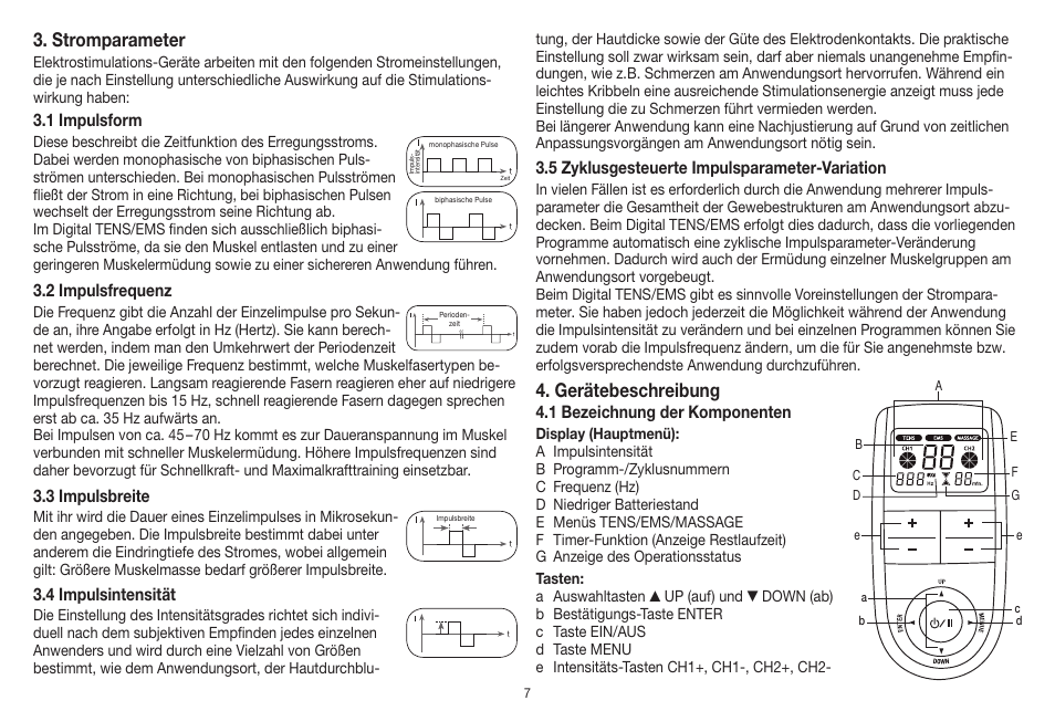 Stromparameter, Gerätebeschreibung | Beurer EM 41 User Manual | Page 7 / 112