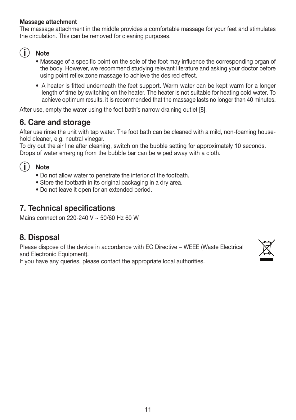 Care and storage, Technical specifications, Disposal | Beurer FB 12 User Manual | Page 11 / 44