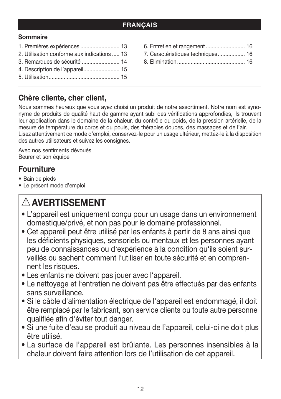 Avertissement, Fourniture | Beurer FB 12 User Manual | Page 12 / 44
