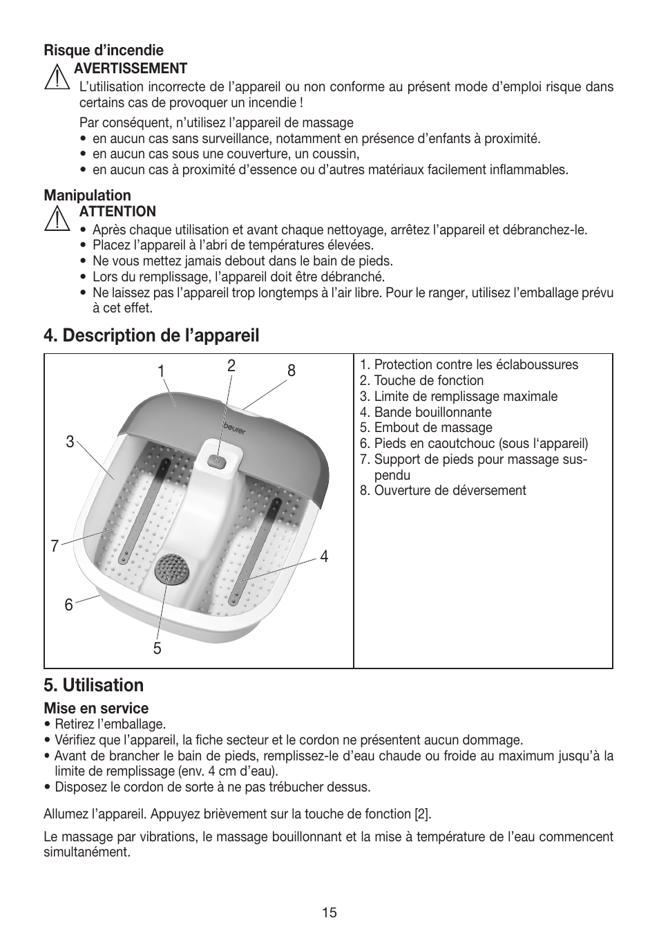 Description de l’appareil, Utilisation | Beurer FB 12 User Manual | Page 15 / 44