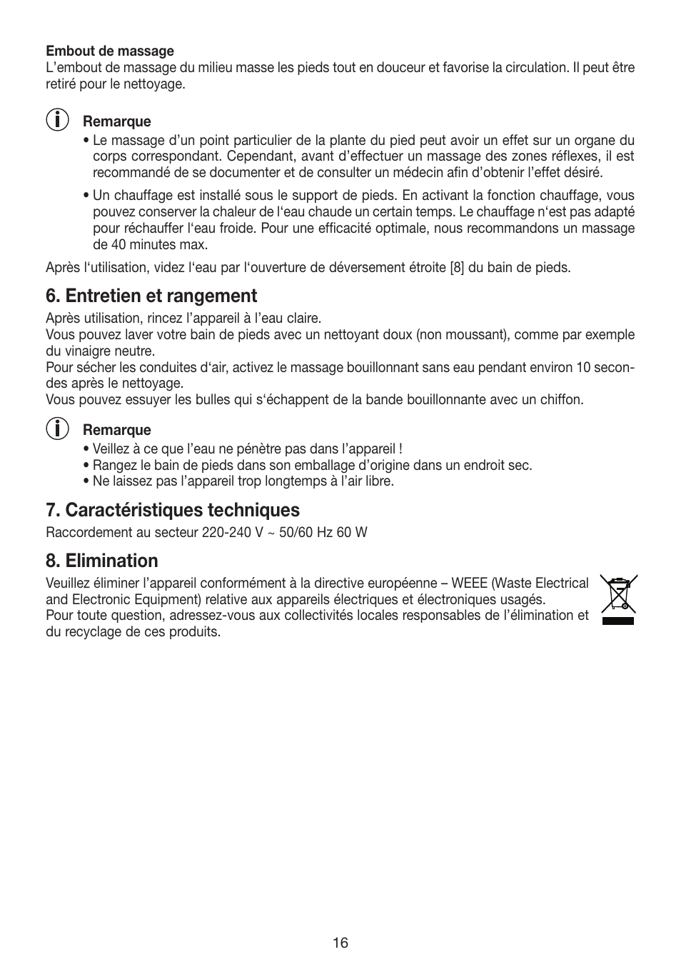 Entretien et rangement, Caractéristiques techniques, Elimination | Beurer FB 12 User Manual | Page 16 / 44