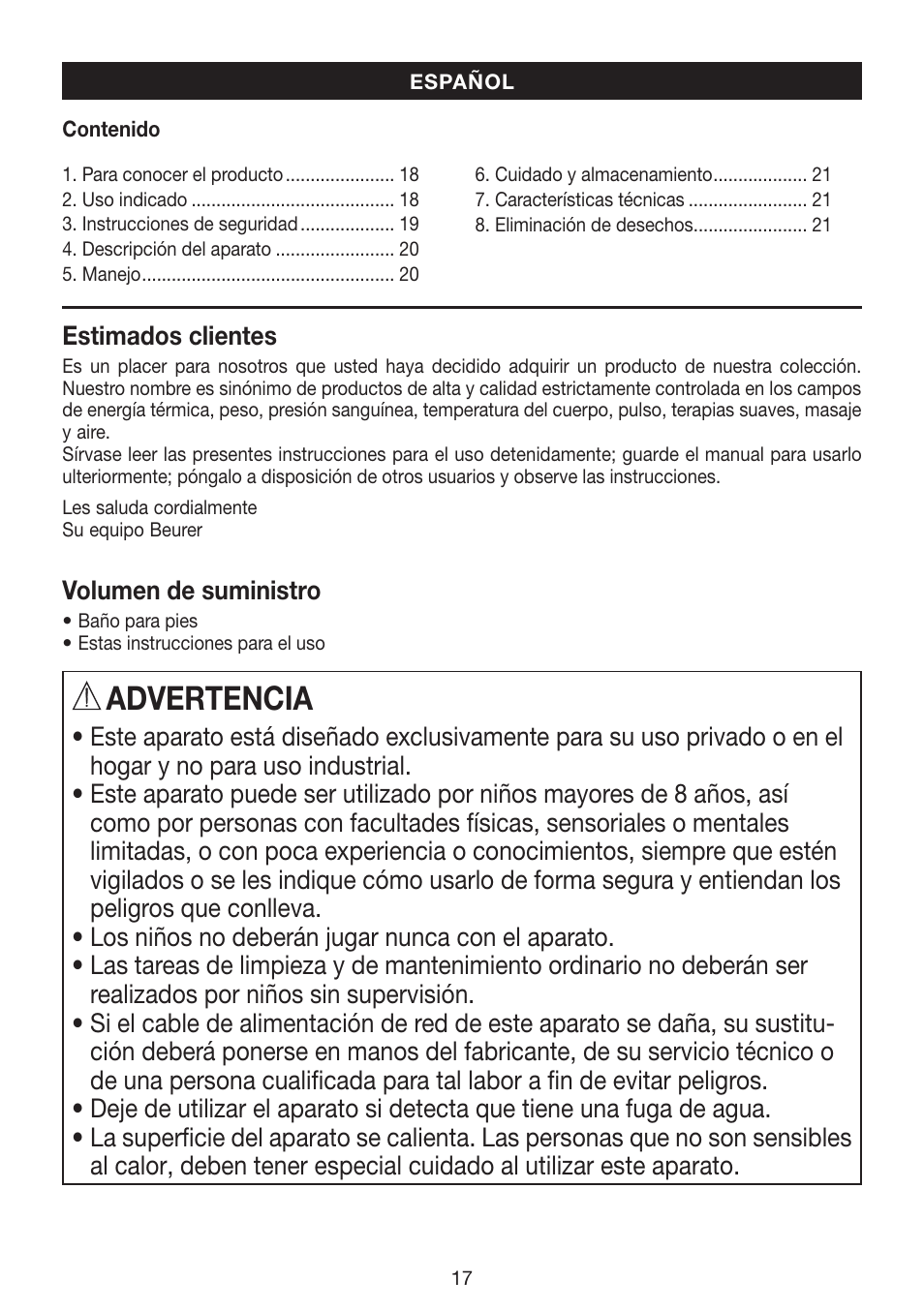 Advertencia | Beurer FB 12 User Manual | Page 17 / 44