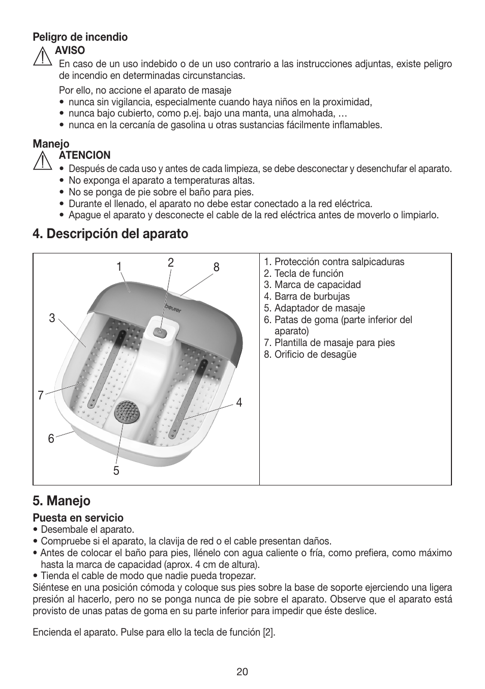 Descripción del aparato, Manejo | Beurer FB 12 User Manual | Page 20 / 44