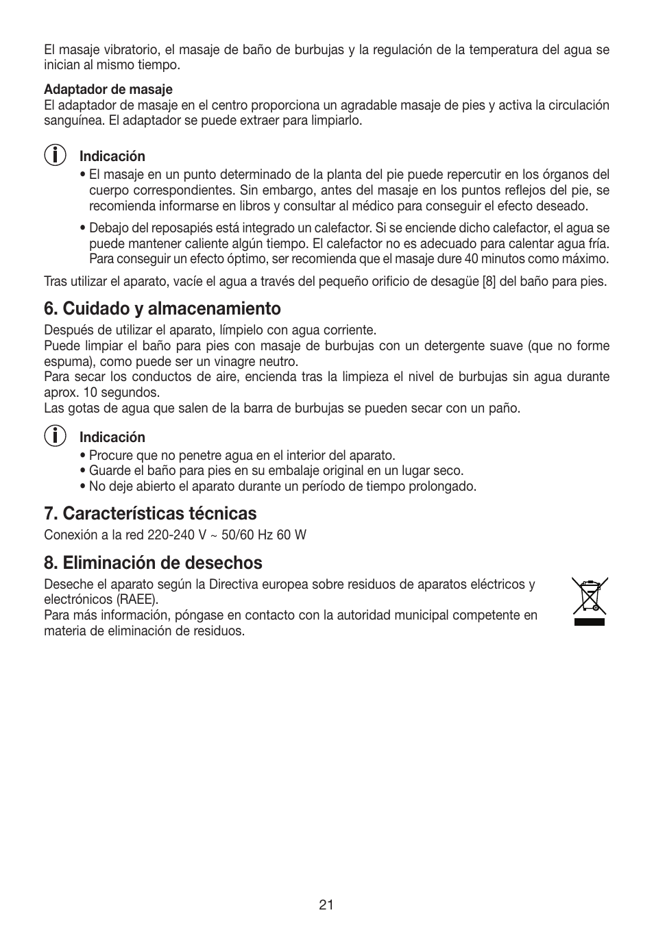 Cuidado y almacenamiento, Características técnicas, Eliminación de desechos | Beurer FB 12 User Manual | Page 21 / 44