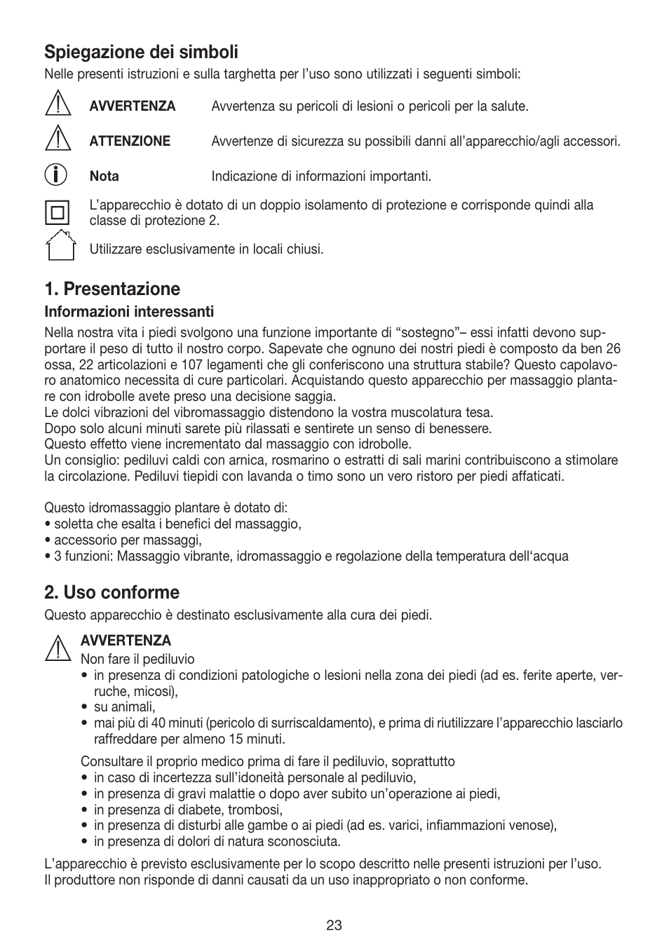 Spiegazione dei simboli, Presentazione, Uso conforme | Beurer FB 12 User Manual | Page 23 / 44