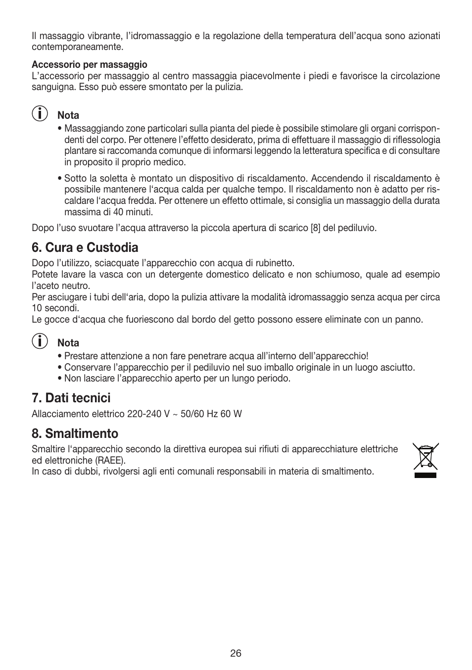 Cura e custodia, Dati tecnici, Smaltimento | Beurer FB 12 User Manual | Page 26 / 44