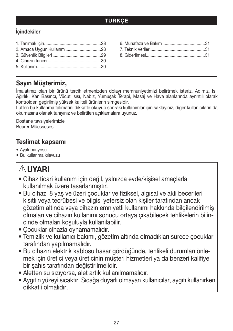 Uyari | Beurer FB 12 User Manual | Page 27 / 44