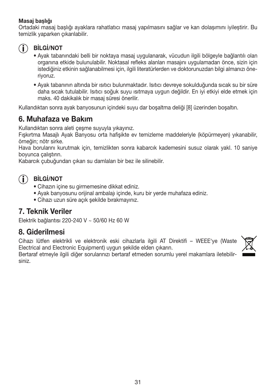 Muhafaza ve bakım, Teknik veriler, Giderilmesi | Beurer FB 12 User Manual | Page 31 / 44