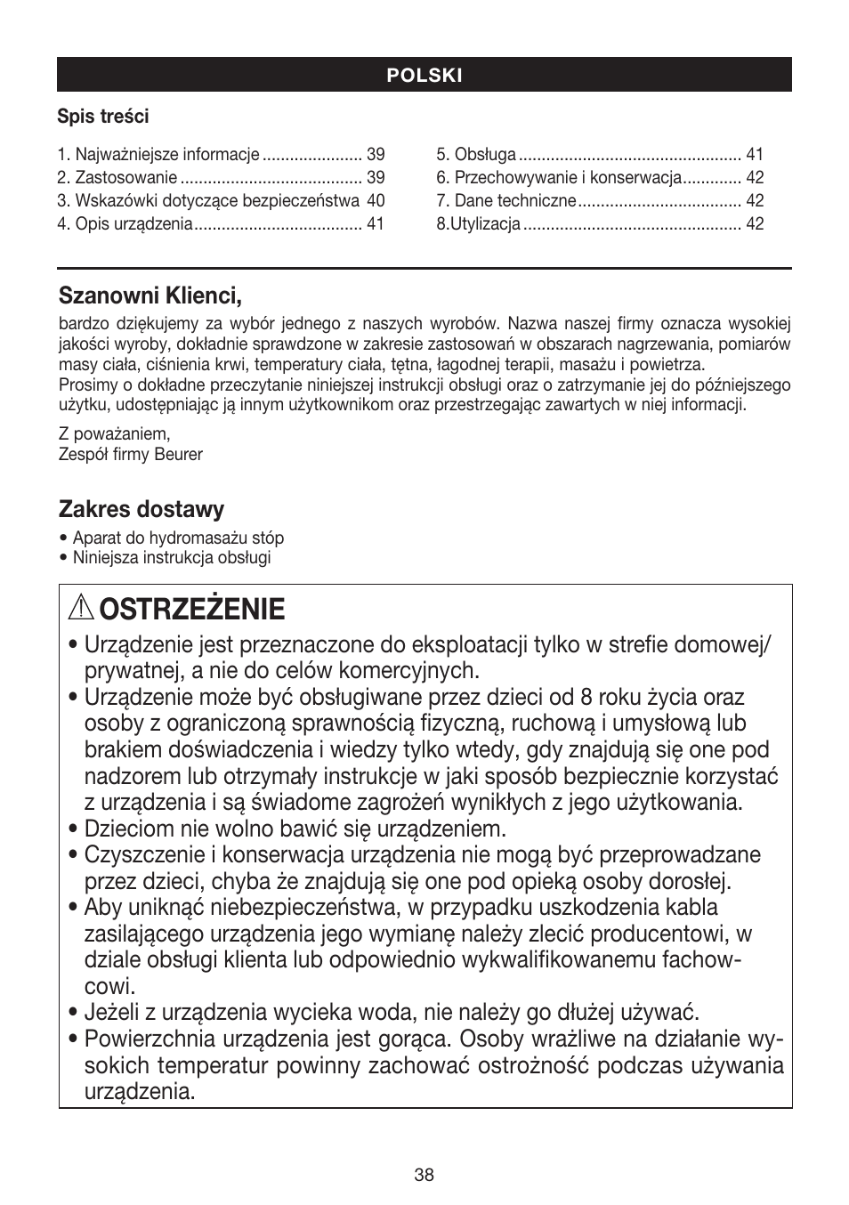 Ostrzeżenie | Beurer FB 12 User Manual | Page 38 / 44