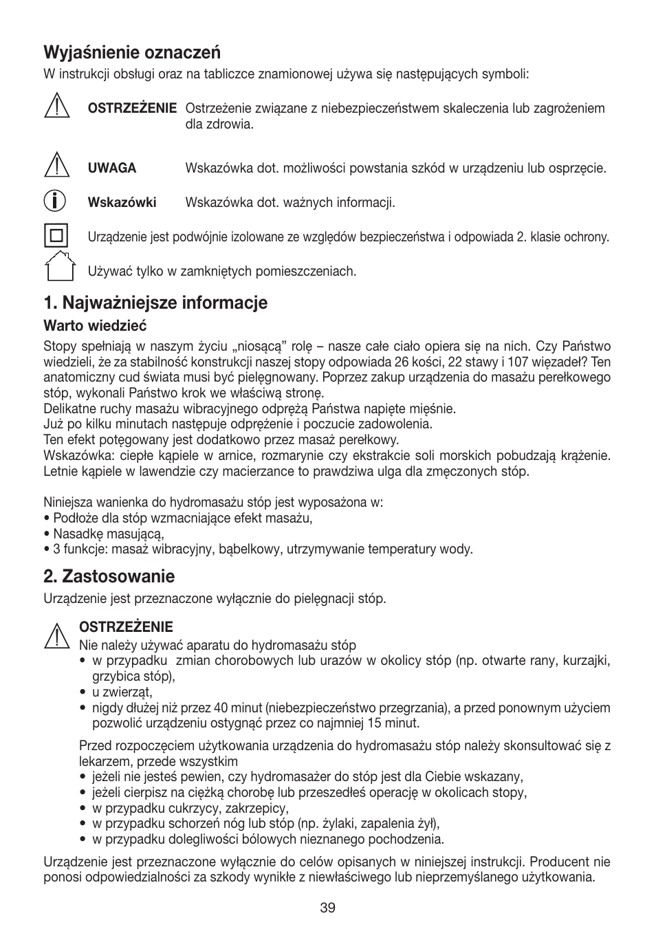 Wyjaśnienie oznaczeń, Najważniejsze informacje, Zastosowanie | Beurer FB 12 User Manual | Page 39 / 44