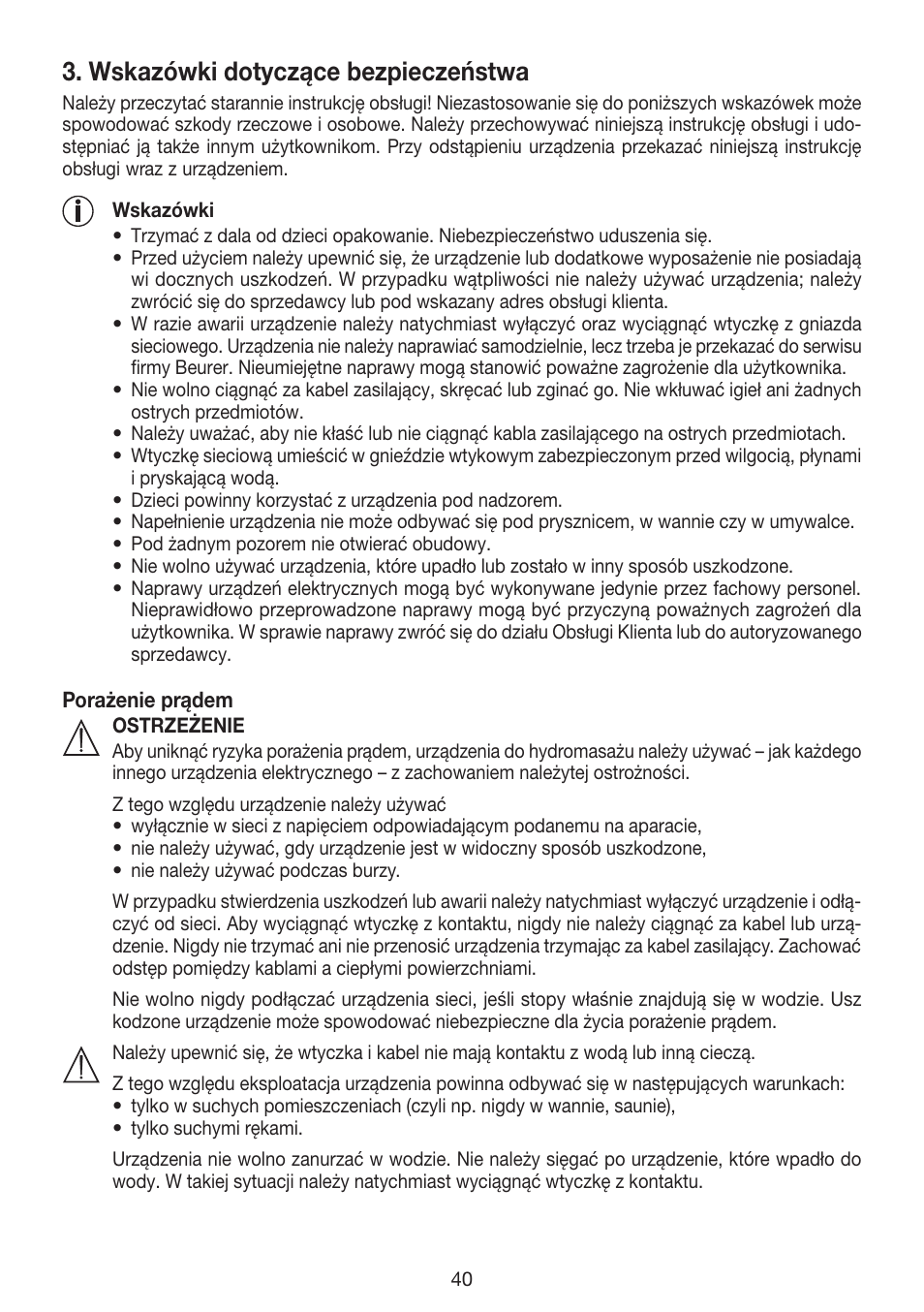 Wskazówki dotyczące bezpieczeństwa | Beurer FB 12 User Manual | Page 40 / 44