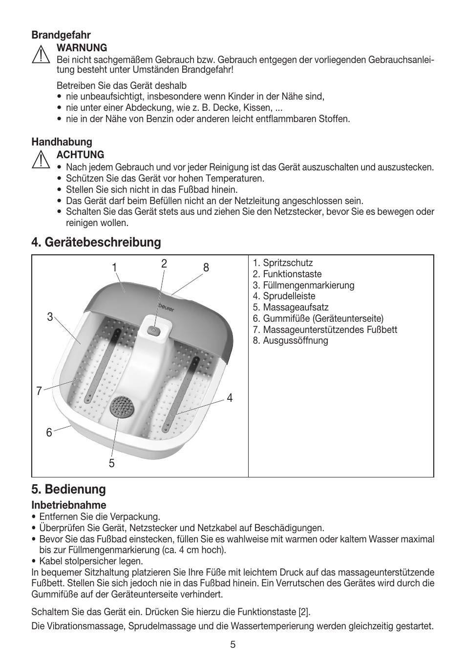 Gerätebeschreibung, Bedienung | Beurer FB 12 User Manual | Page 5 / 44