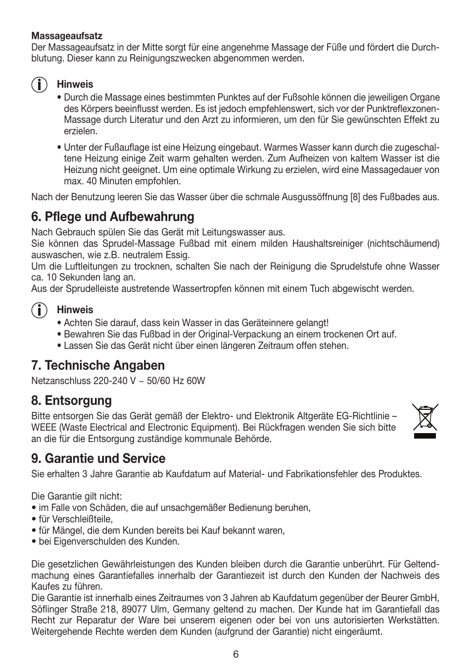 Pflege und aufbewahrung, Technische angaben, Entsorgung | Garantie und service | Beurer FB 12 User Manual | Page 6 / 44