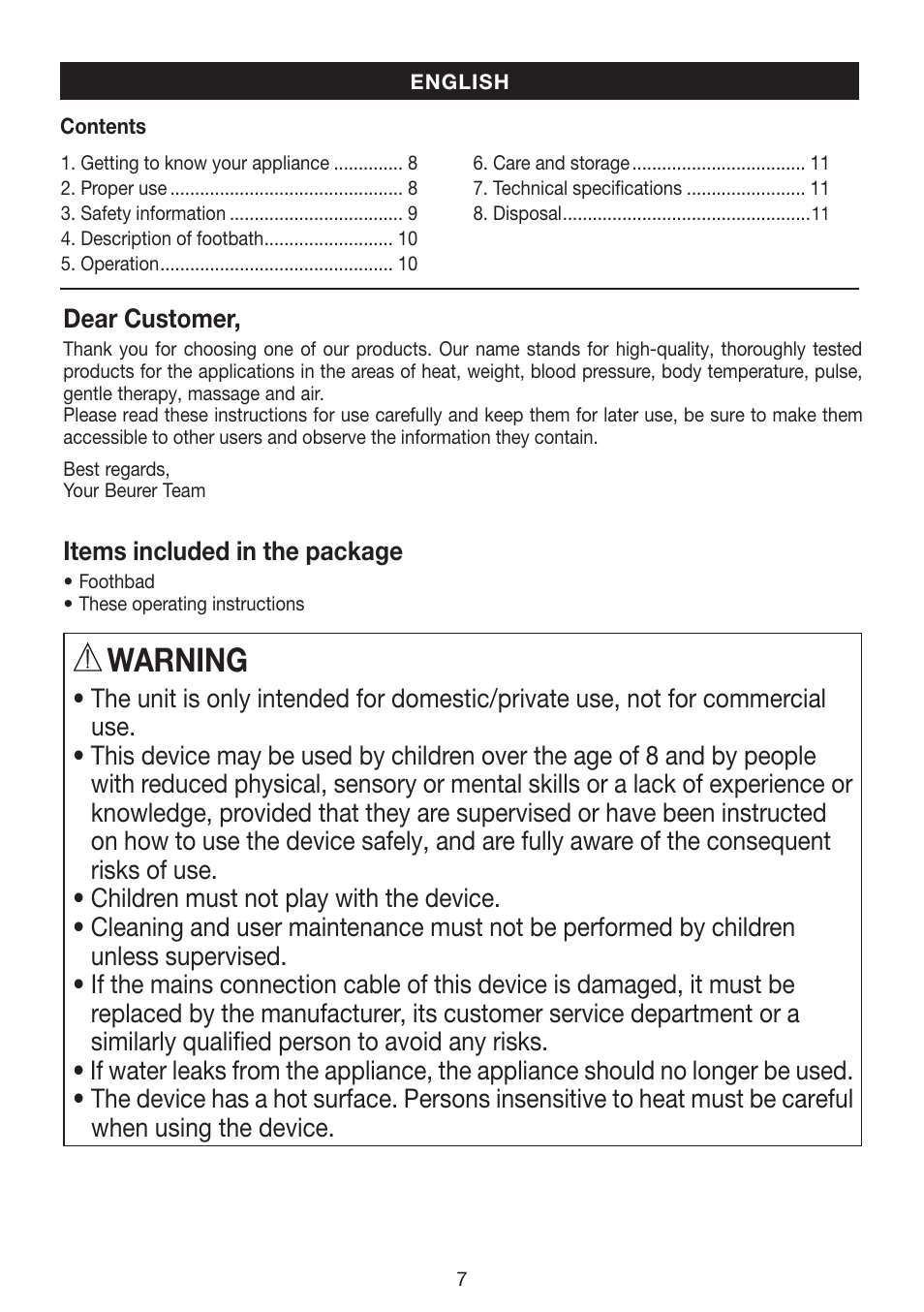 Warning | Beurer FB 12 User Manual | Page 7 / 44