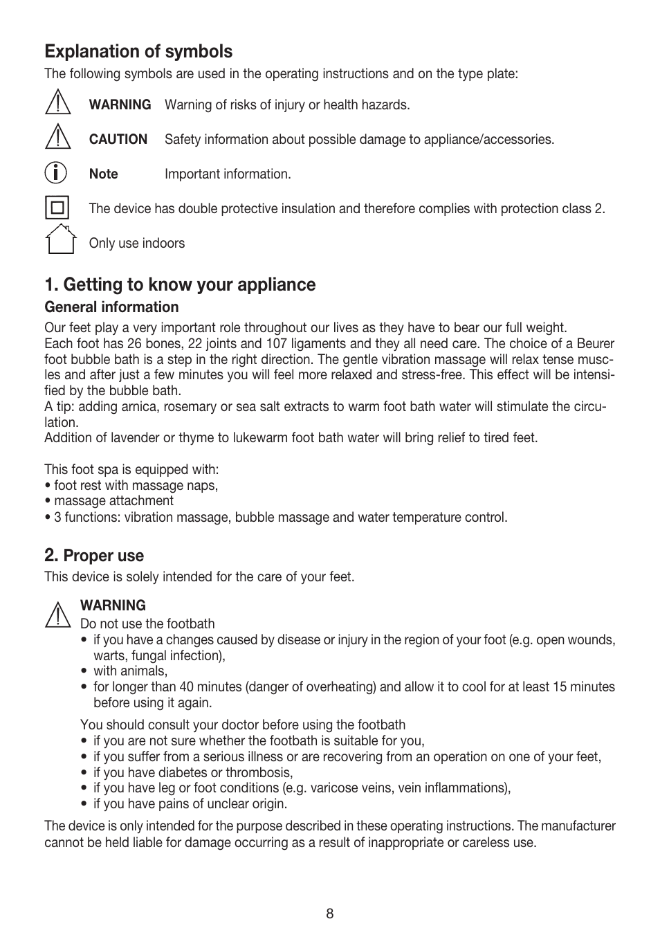 Explanation of symbols, Getting to know your appliance | Beurer FB 12 User Manual | Page 8 / 44
