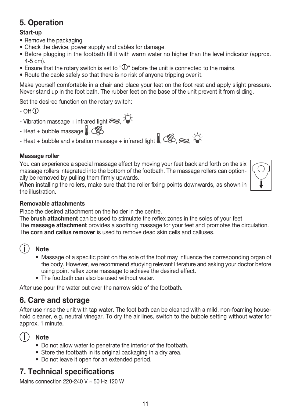 Operation, Care and storage, Technical specifications | Beurer FB 20 User Manual | Page 11 / 44