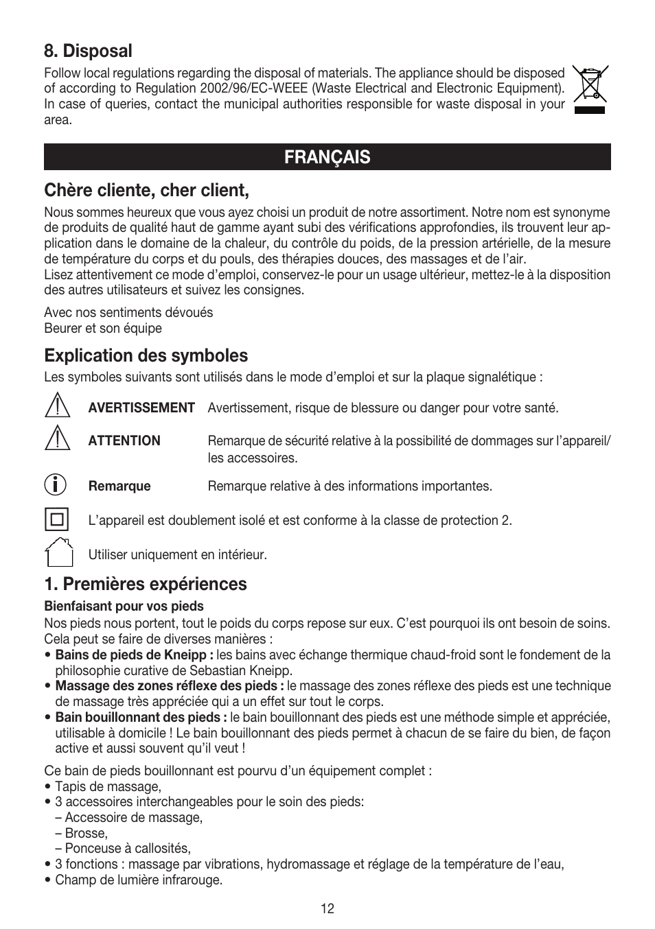 Chère cliente, cher client, Explication des symboles, Premières expériences | Français 8. disposal | Beurer FB 20 User Manual | Page 12 / 44