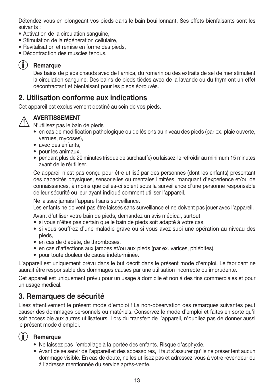 Utilisation conforme aux indications, Remarques de sécurité | Beurer FB 20 User Manual | Page 13 / 44