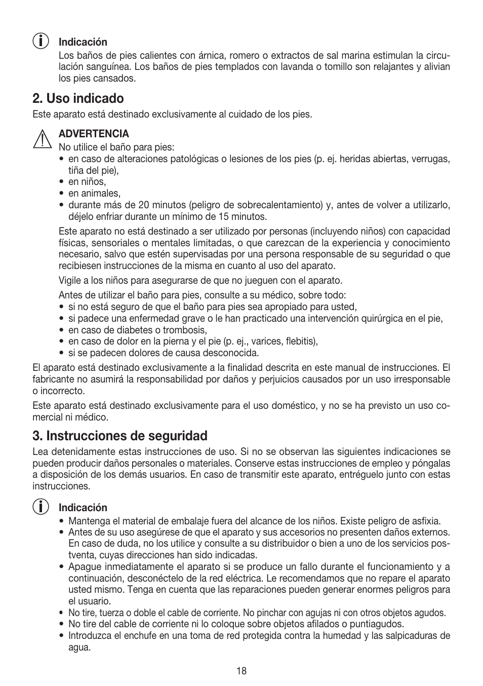 Uso indicado, Instrucciones de seguridad | Beurer FB 20 User Manual | Page 18 / 44