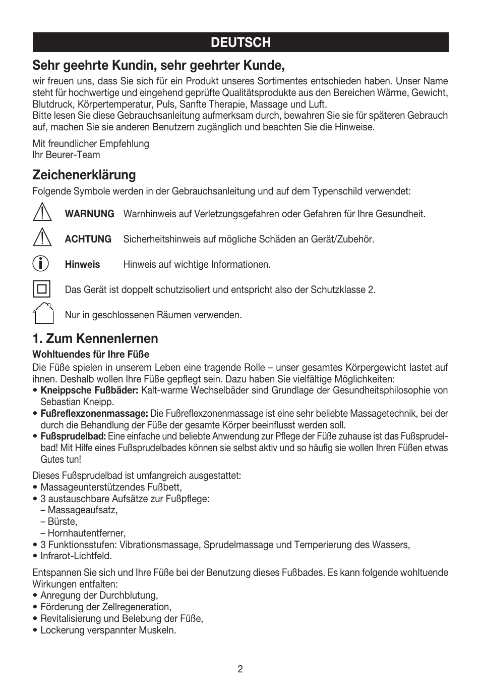 Sehr geehrte kundin, sehr geehrter kunde, Zeichenerklärung, Zum kennenlernen | Deutsch | Beurer FB 20 User Manual | Page 2 / 44