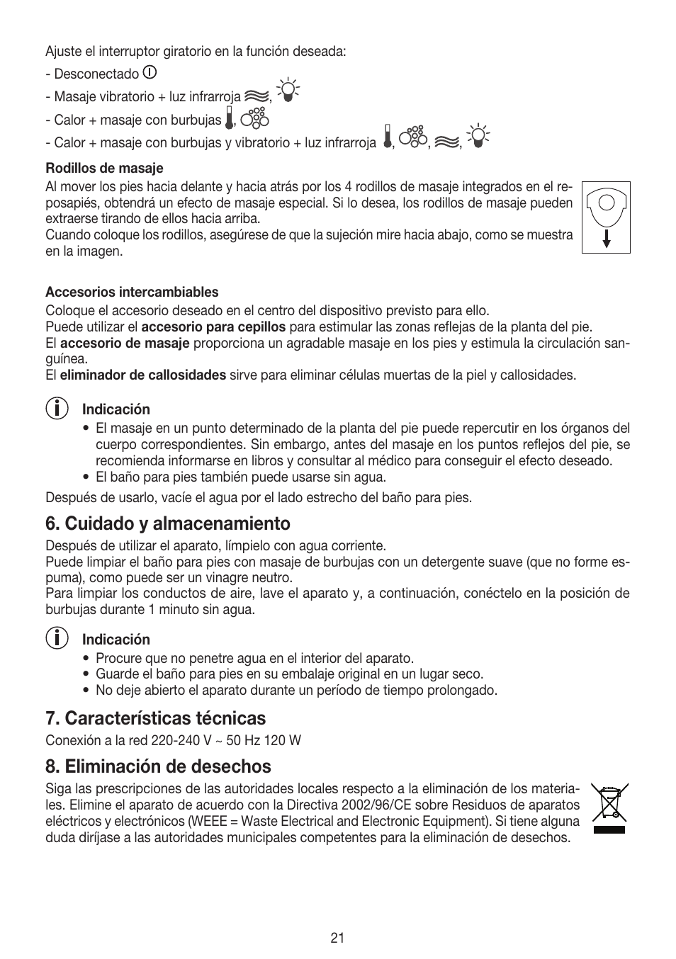 Cuidado y almacenamiento, Características técnicas, Eliminación de desechos | Beurer FB 20 User Manual | Page 21 / 44