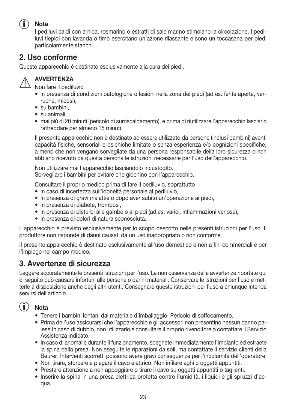 Uso conforme, Avvertenze di sicurezza | Beurer FB 20 User Manual | Page 23 / 44