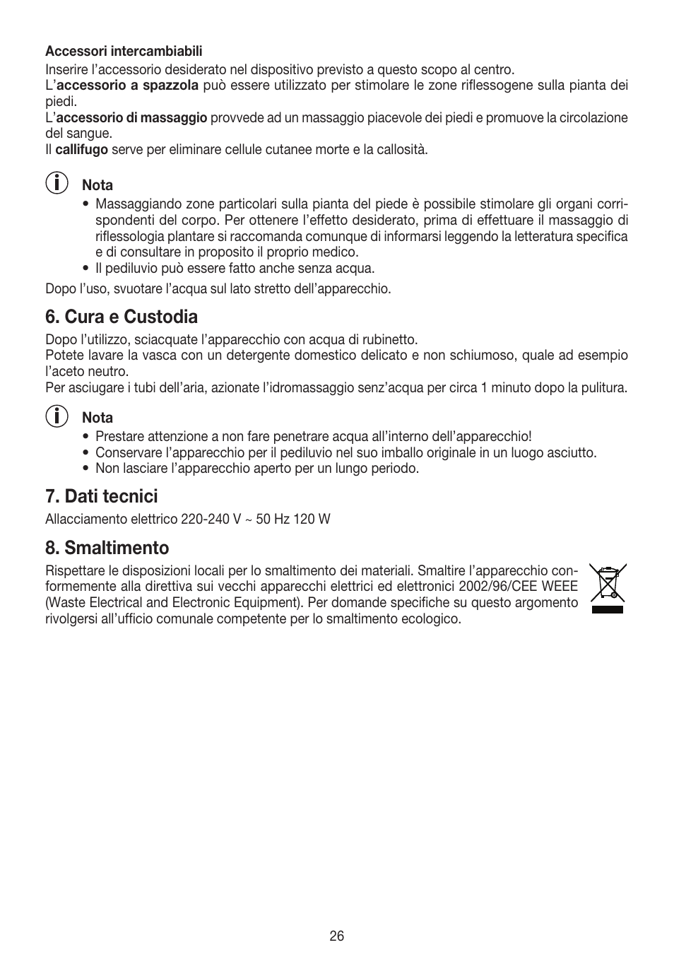 Cura e custodia, Dati tecnici, Smaltimento | Beurer FB 20 User Manual | Page 26 / 44