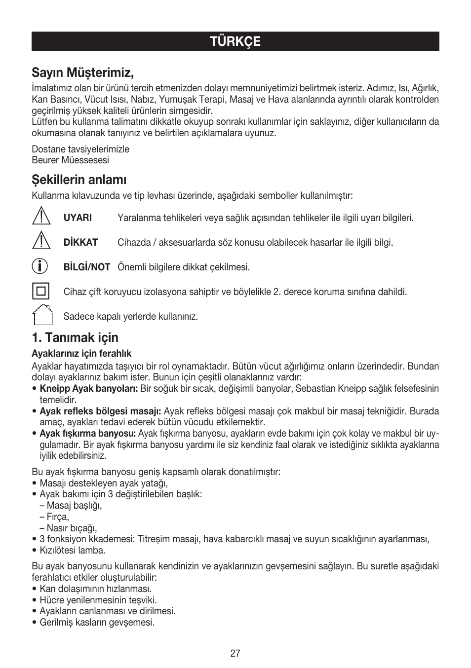 Sayın müşterimiz, Şekillerin anlamı, Tanımak için | Türkçe | Beurer FB 20 User Manual | Page 27 / 44