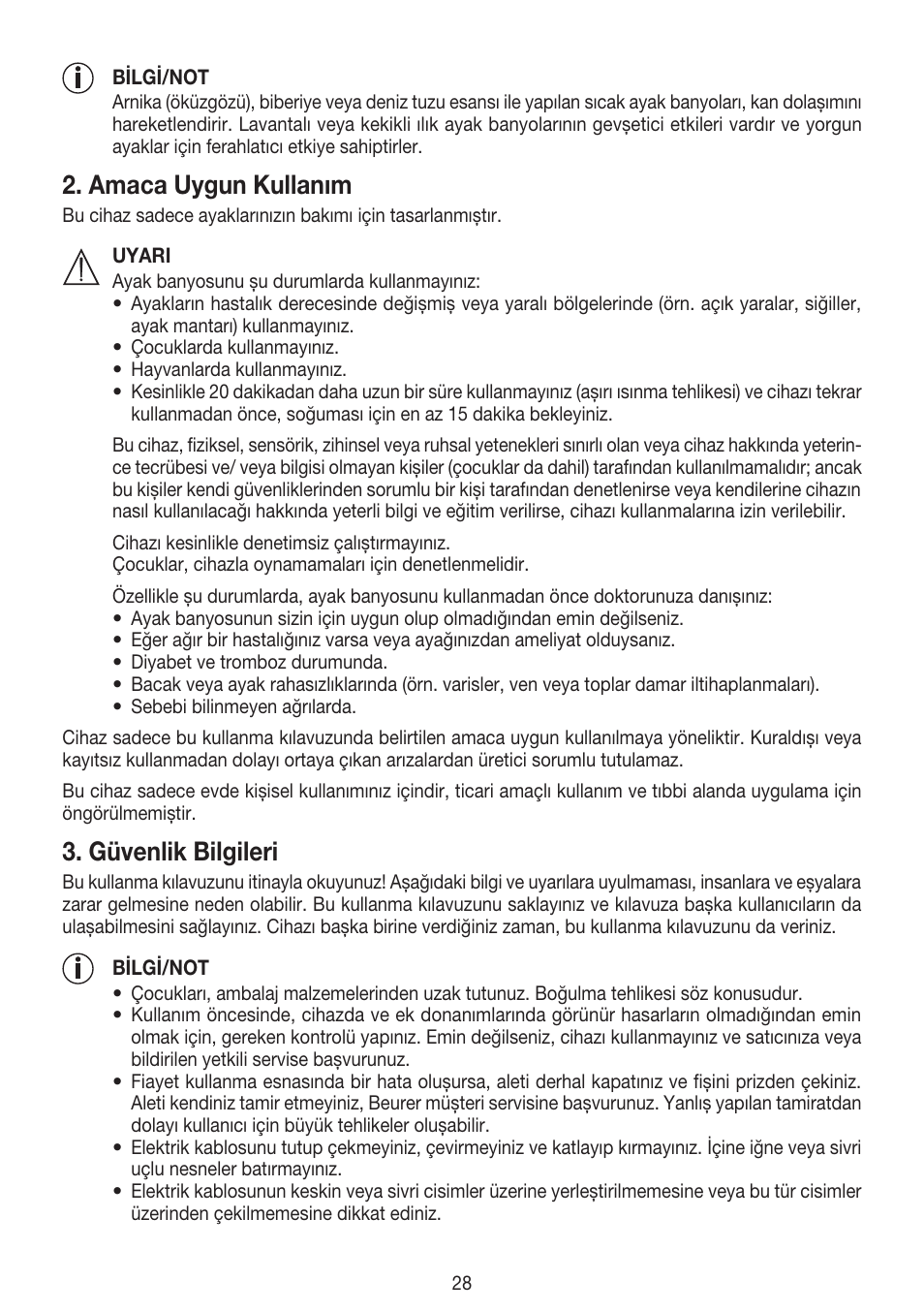 Amaca uygun kullanım, Güvenlik bilgileri | Beurer FB 20 User Manual | Page 28 / 44