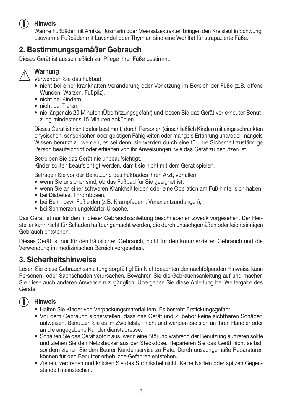 Bestimmungsgemäßer gebrauch, Sicherheitshinweise | Beurer FB 20 User Manual | Page 3 / 44