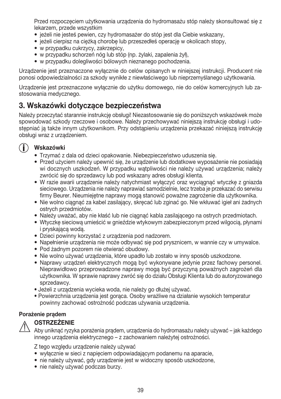 Wskazówki dotyczące bezpieczeństwa | Beurer FB 20 User Manual | Page 39 / 44