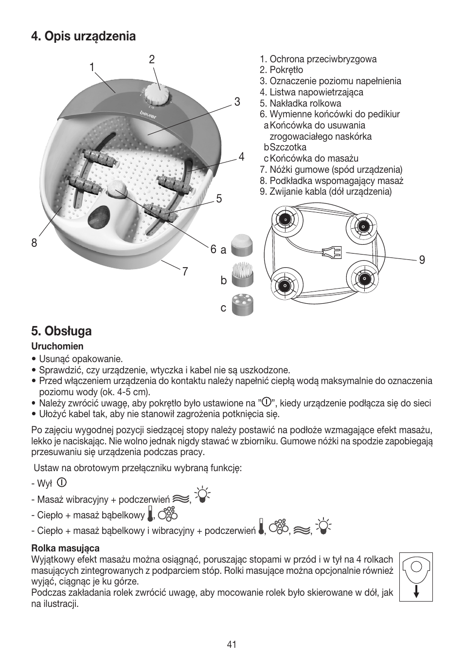 Opis urządzenia, Obsługa | Beurer FB 20 User Manual | Page 41 / 44