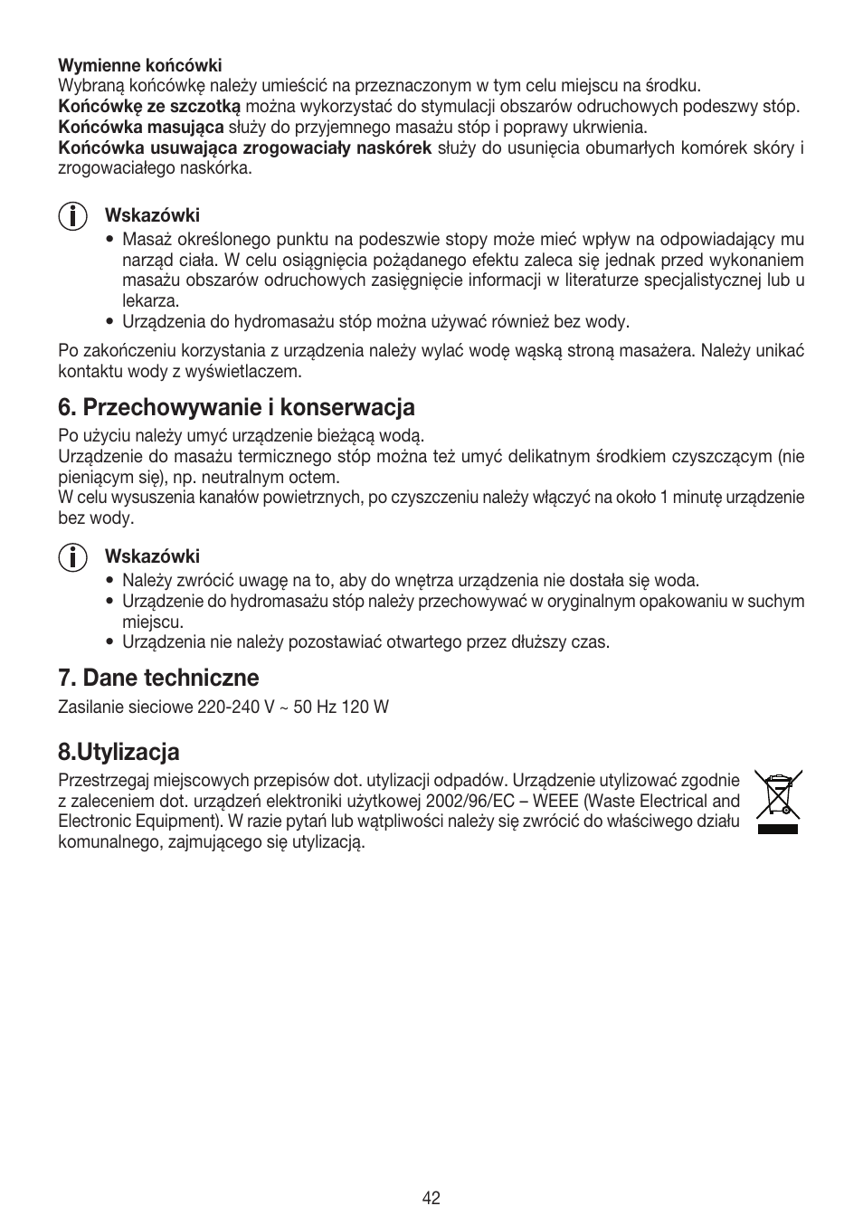 Przechowywanie i konserwacja, Dane techniczne, Utylizacja | Beurer FB 20 User Manual | Page 42 / 44