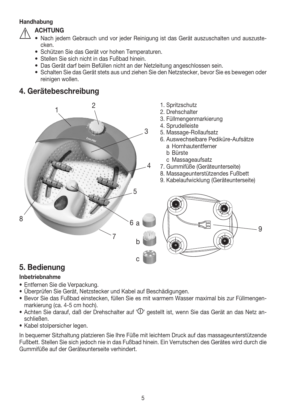 Gerätebeschreibung, Bedienung | Beurer FB 20 User Manual | Page 5 / 44