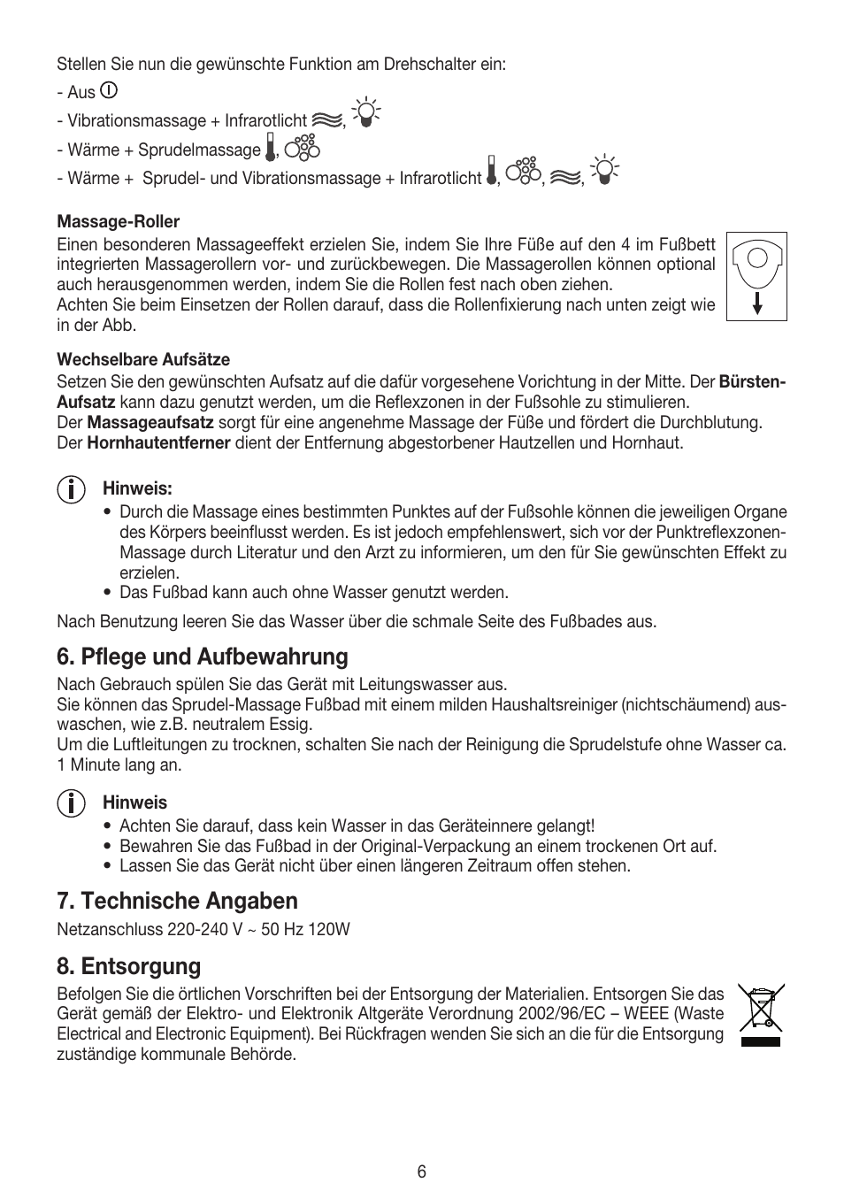 Pflege und aufbewahrung, Technische angaben, Entsorgung | Beurer FB 20 User Manual | Page 6 / 44