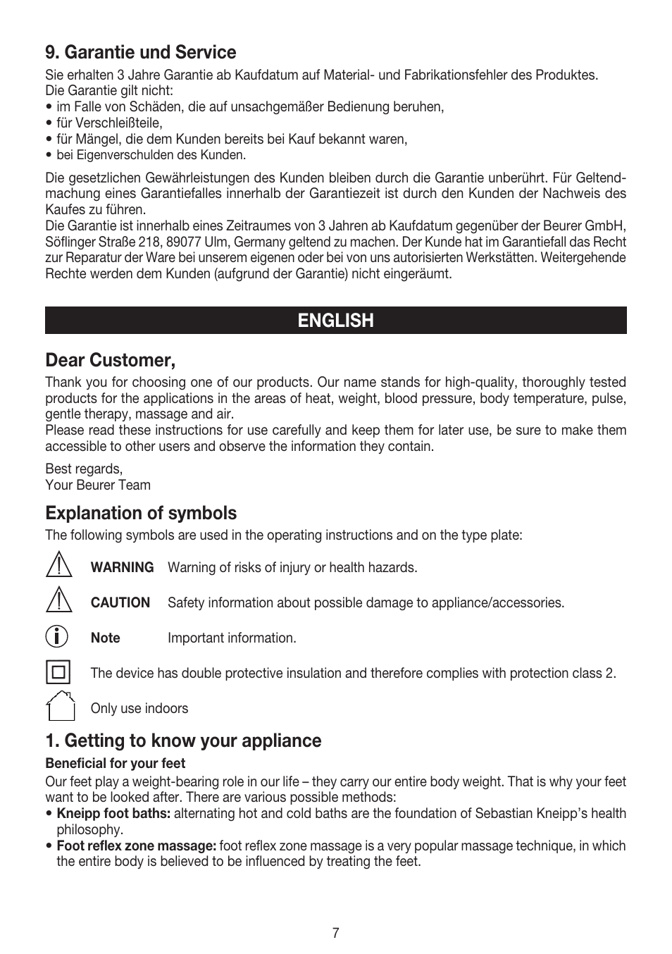 Garantie und service, English dear customer, Explanation of symbols | Getting to know your appliance | Beurer FB 20 User Manual | Page 7 / 44