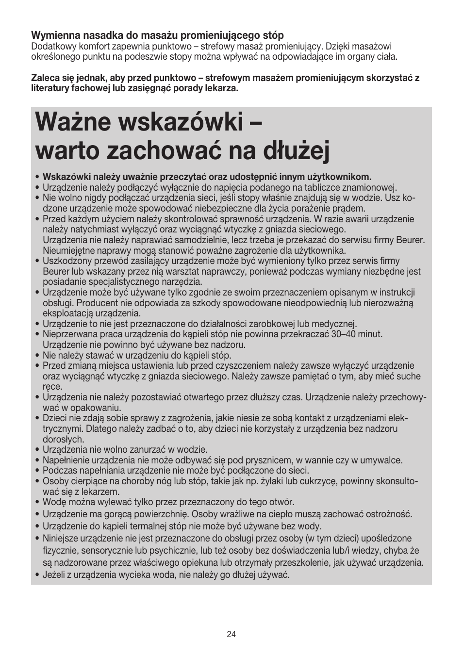 Ważne wskazówki – warto zachować na dłużej | Beurer FB 25 User Manual | Page 24 / 32